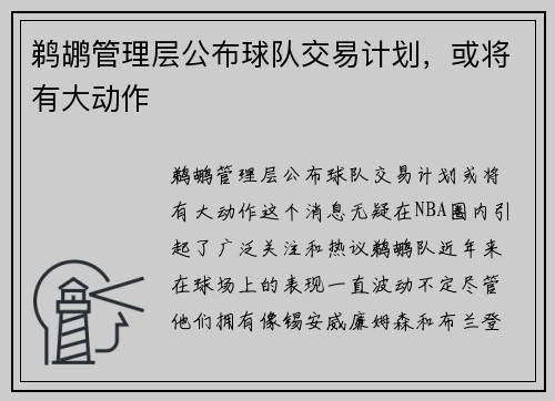 鹈鹕管理层公布球队交易计划，或将有大动作